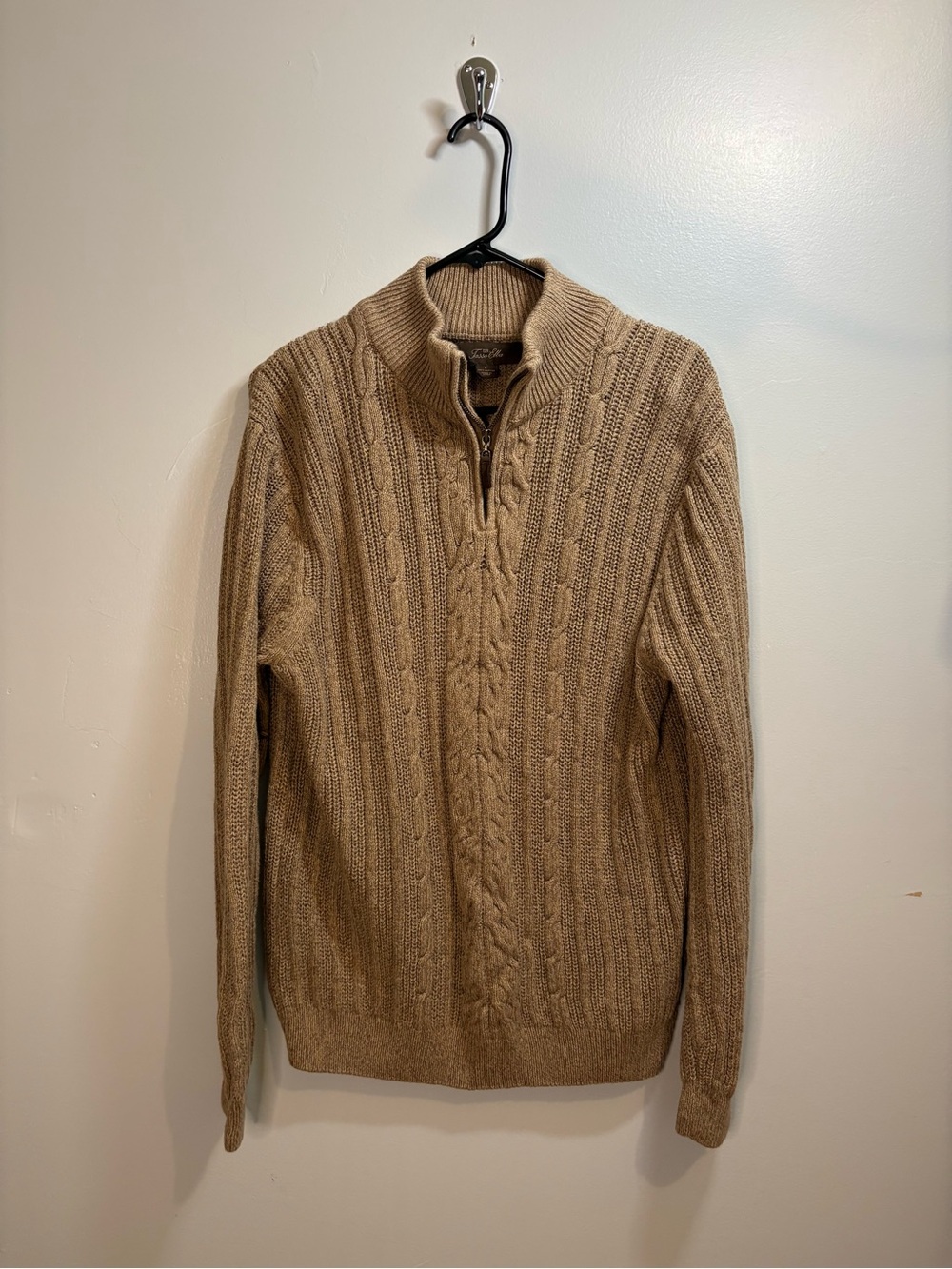 Tasso Elba Men's Cable-Knit 1/4 Zip Sweater Camel Brown Mock Neck 100% Cotton